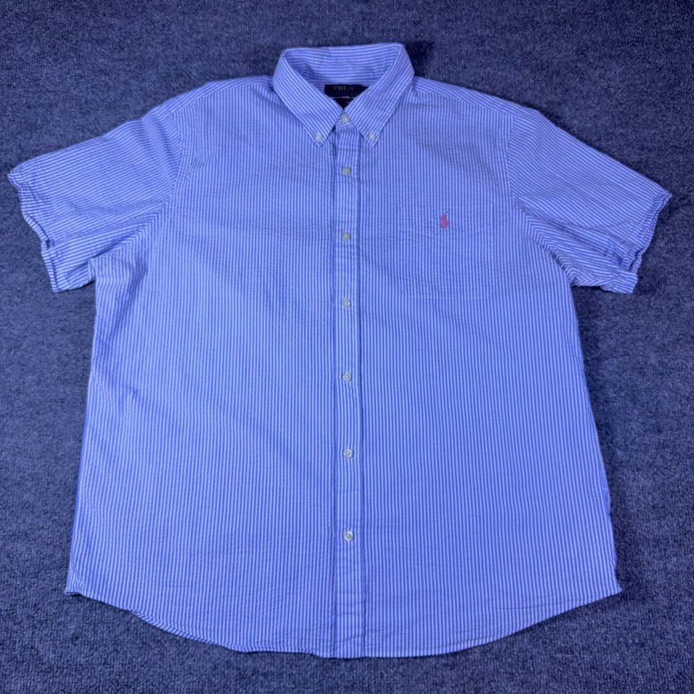Polo Ralph Lauren Seersucker Shirt Mens XL Blue White Stripe RL Untucked Fit